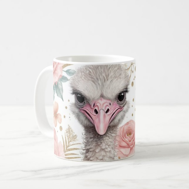 Whimsiska strutsar med Blommigt Elegance Kaffemugg (Framsida vänster)