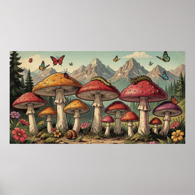 Whimsiska svampar och bergstoppar poster (Framsidan)