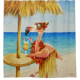 Whimsiskt Beach Babe Flamingo nr 4 Vattenfärgsarti