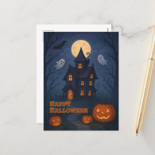 Whimsiskt Cute Spooky Haunted House Halloween Helg Vykort