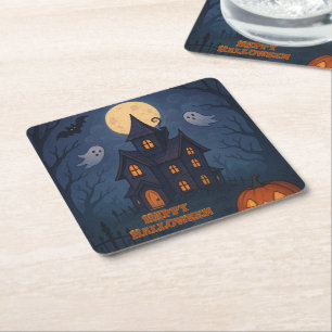 Whimsiskt Cute Spooky Haunted House Halloween Underlägg Papper Kvadrat