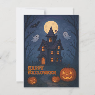 Whimsiskt Cute Spooky Haunted House Halloween Vykort