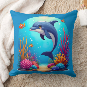 Whimsiskt delfin i Vibrant Coral Reef Kudde
