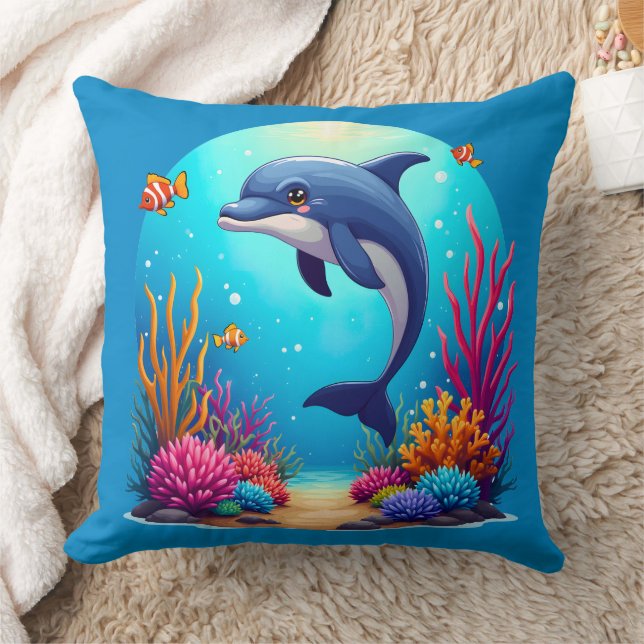Whimsiskt delfin i Vibrant Coral Reef Kudde (Filt)