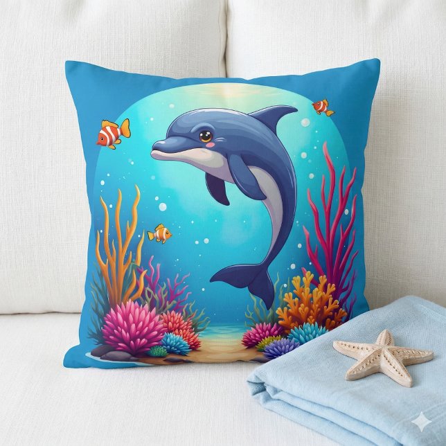 Whimsiskt delfin i Vibrant Coral Reef Kudde (Whimsical Dolphin in Vibrant Coral Reef Throw Pillow Mockup A)
