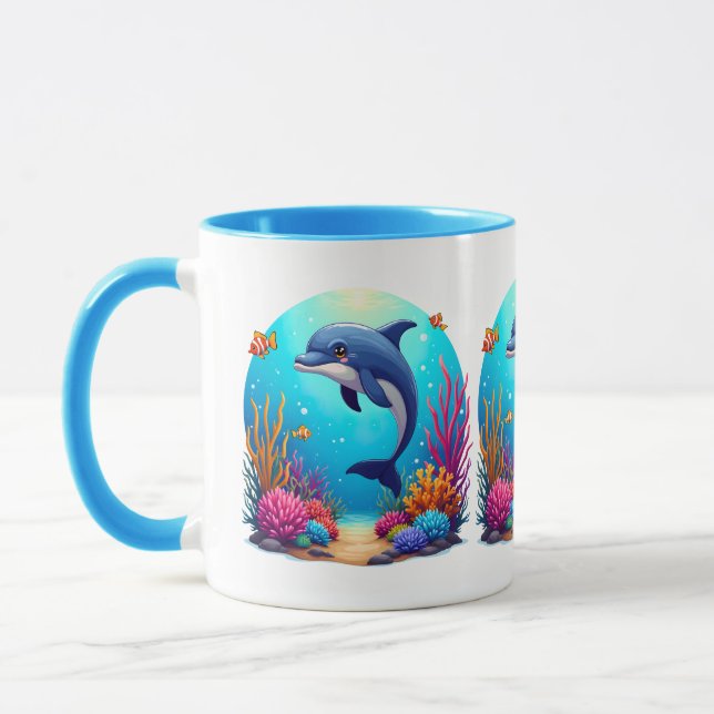 Whimsiskt delfin i Vibrant Coral Reef Mugg (Vänster)