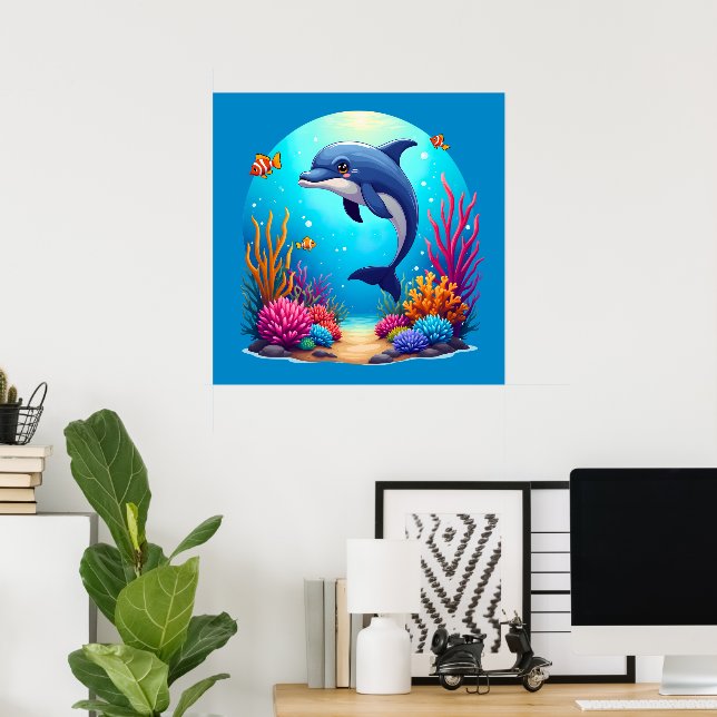 Whimsiskt delfin i Vibrant Coral Reef Poster (Hemmakontoret)
