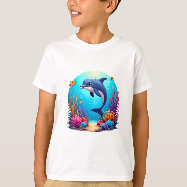 Whimsiskt delfin i Vibrant Coral Reef T Shirt (Framsida)