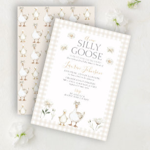Whimsiskt Fånig Goose Beige Gingham Baby Shower Inbjudningar