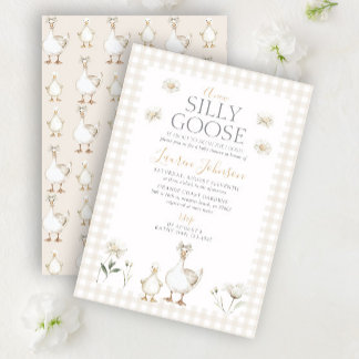 Whimsiskt Fånig Goose Beige Gingham Baby Shower Inbjudningar