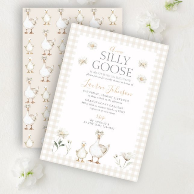 Whimsiskt Fånig Goose Beige Gingham Baby Shower Inbjudningar (Skapare uppladdad)