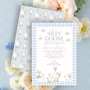 Whimsiskt Fånig Goose Blue Gingham Baby Shower Inbjudningar