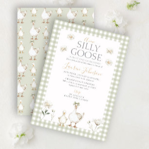 Whimsiskt Fånig Goose Grönt Gingham Baby Shower Inbjudningar