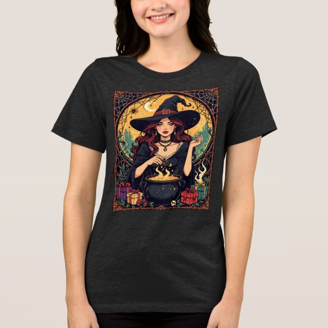 Whimsiskt Förtrollande Häxa Med Spindlar T Shirt (Framsida)