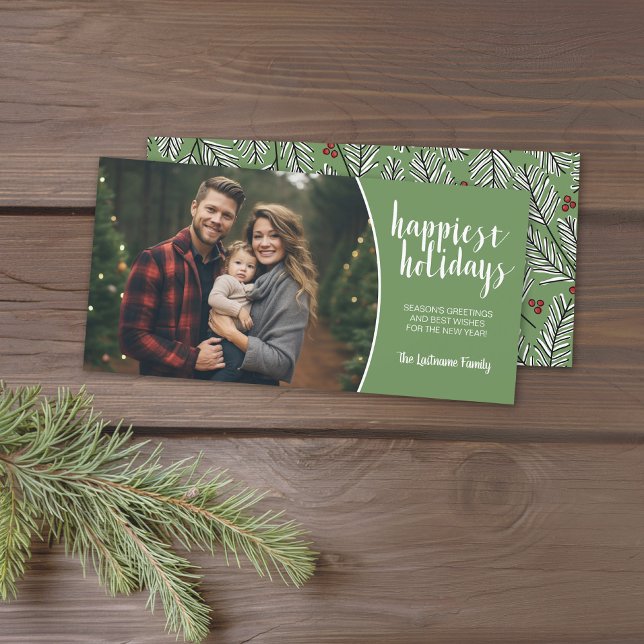Whimsiskt Grenar med Vågrät Photo Julkort (Holiday Photo card with 1 Photo and Green and White Accents. Download Option Available.)