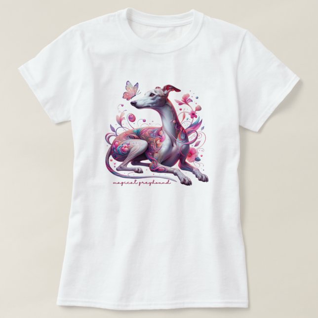 Whimsiskt Greyhound med blommor och fjäril T Shirt (Design framsida)