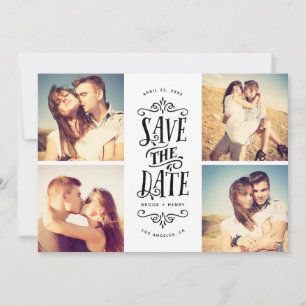 Whimsiskt Mod 4-Photo Save Date Svart Spara Datumet