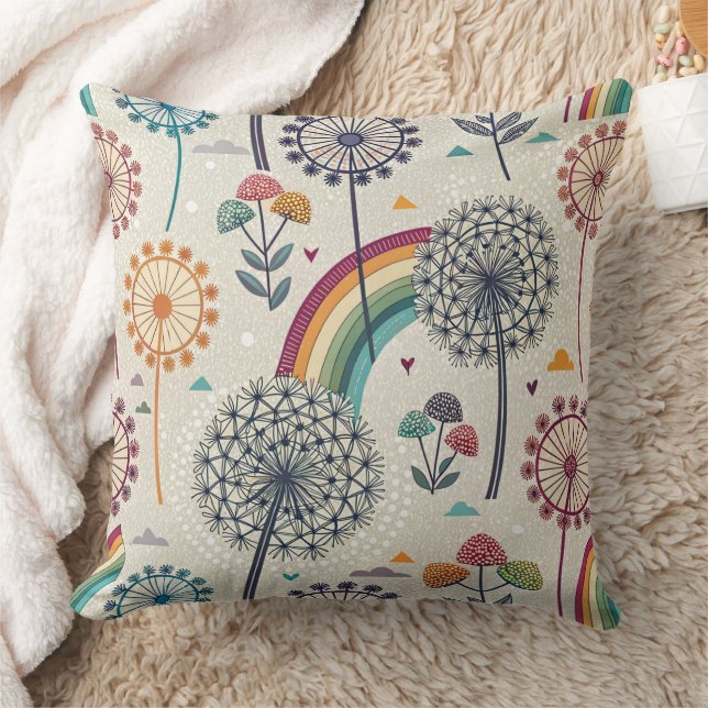 Whimsiskt regnbåge och botaniska dandelioner kudde (Filt)