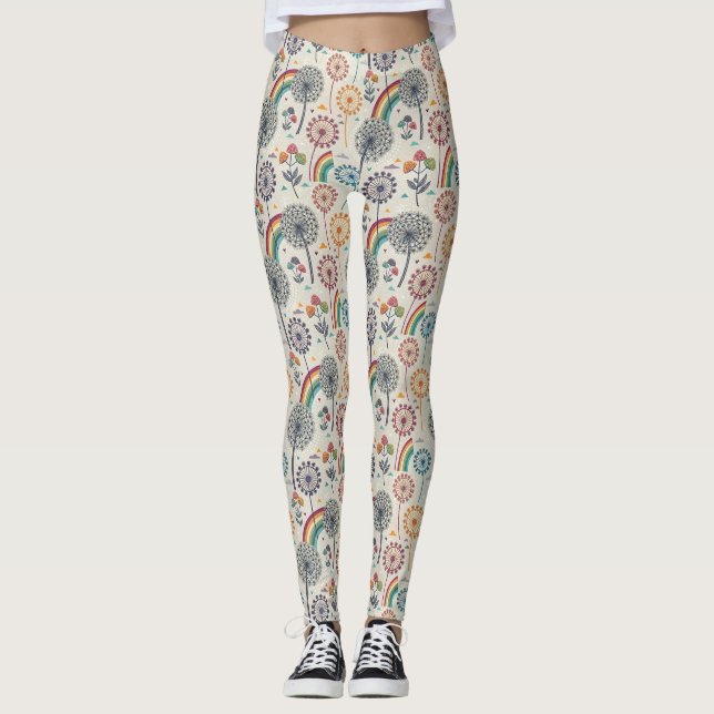 Whimsiskt regnbåge och botaniska dandelioner leggings (Framsida)