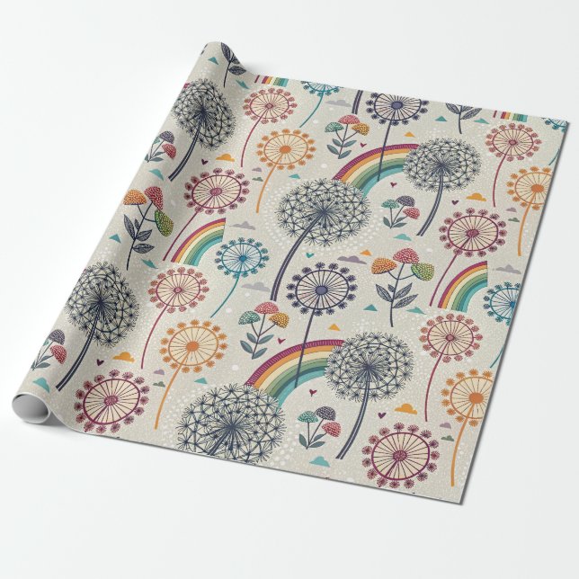 Whimsiskt regnbåge och botaniska dandelioner presentpapper (Utrullad)