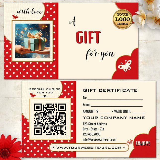 Whimsiskt Retro Butterfly Photo Gift-kort Rabattkort (Retro gift certificate featuring a red and ivory polka dot design with butterflies - QR code - logo)