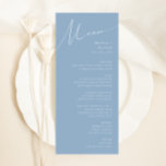 Whimsiskt skript | Dusty Blue Bröllop Middag Meny<br><div class="desc">Vi presenterar vårt fantastiska visuella skript | perfekt för dammig, blå bröllop-middagsmeny för din enkla, moderna boho vår firande. Vår elegant är utformad med en pulserande ljus, pastellpalett färg med ett kalligrafiskt skript för chic av vintage. Oavsett om du föredrar ett minimalistiskt eller klassiskt stil, erbjuder vår unika, redigerbara produkt...</div>