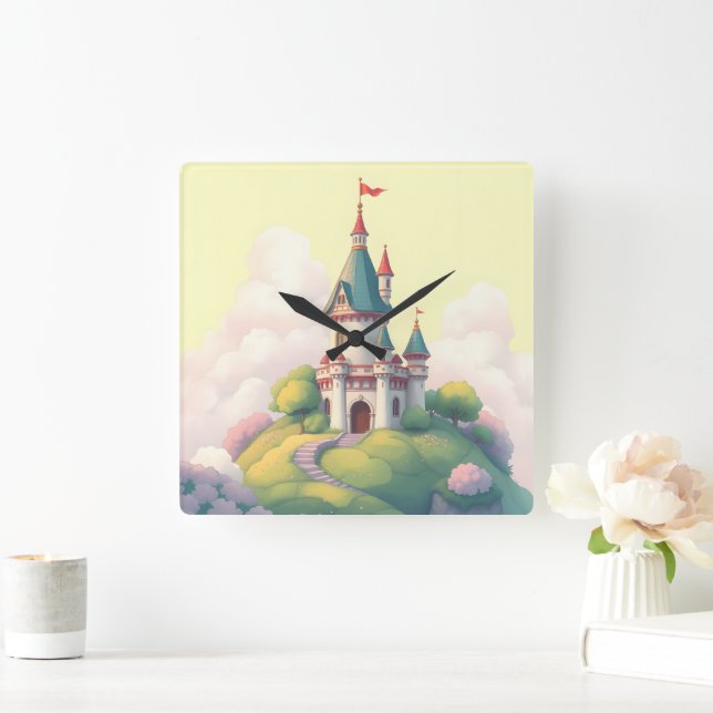 Whimsiskt slott med grön trädgård fyrkantig klocka (Hem)