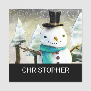 Whimsiskt Snögubbe i vinterjulscenen Namnbricka