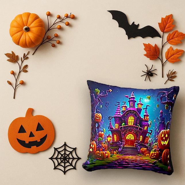 Whimsiskt spökhus Halloween-konst Kudde (Skapare uppladdad)