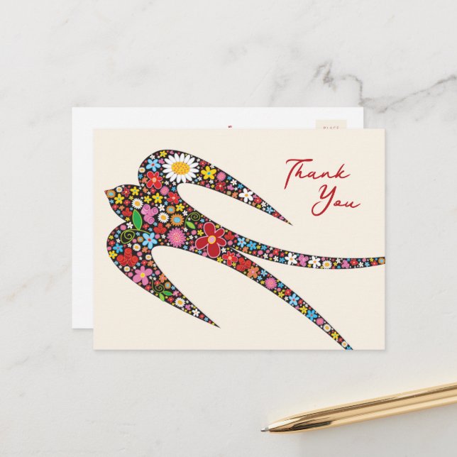 Whimsiskt Svälj fågelfärgat Vår blommor Vykort (Fram/Back In Situ)