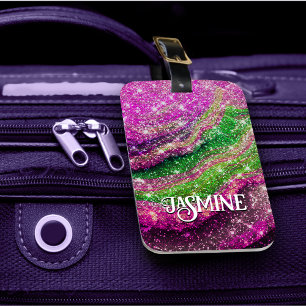 Whimsiskt vågigt rosa grönt Glitter monogram Lugga Bagagebricka