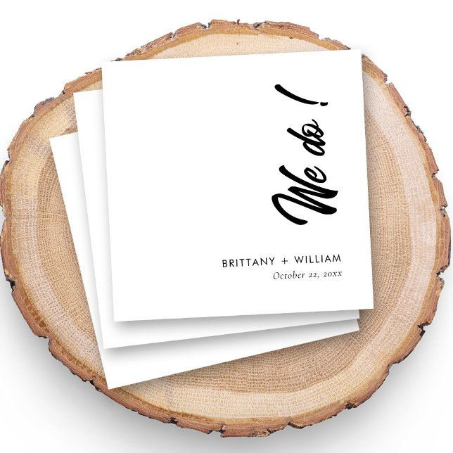 Whimsiskt 'we Do'-skript Personlig Bröllop Pappersservett (Personalized wedding napkins with whimsical "We Do!" script and couple names, white background)