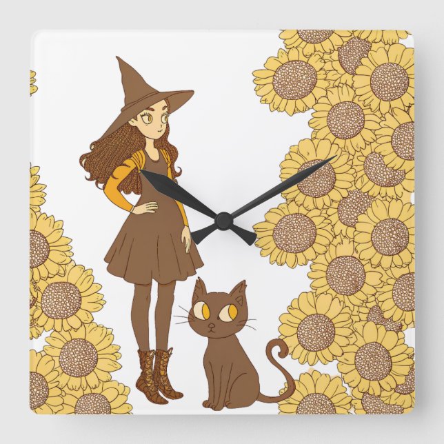 "Whimsiskt Witch and Cat Solros Wall Clock" Fyrkantig Klocka (Framsida)