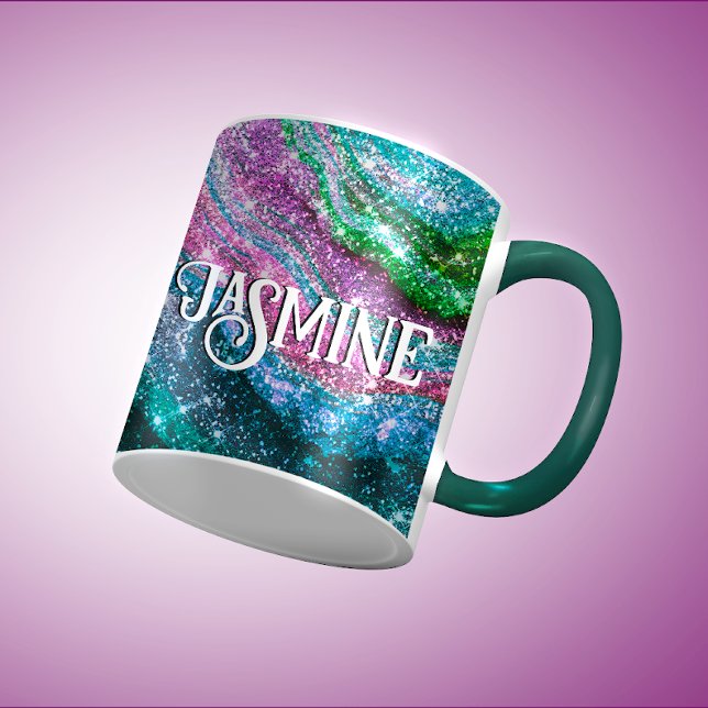 Whimsix vågigt grönt rosa Glitter monogram Mugg (Skapare uppladdad)