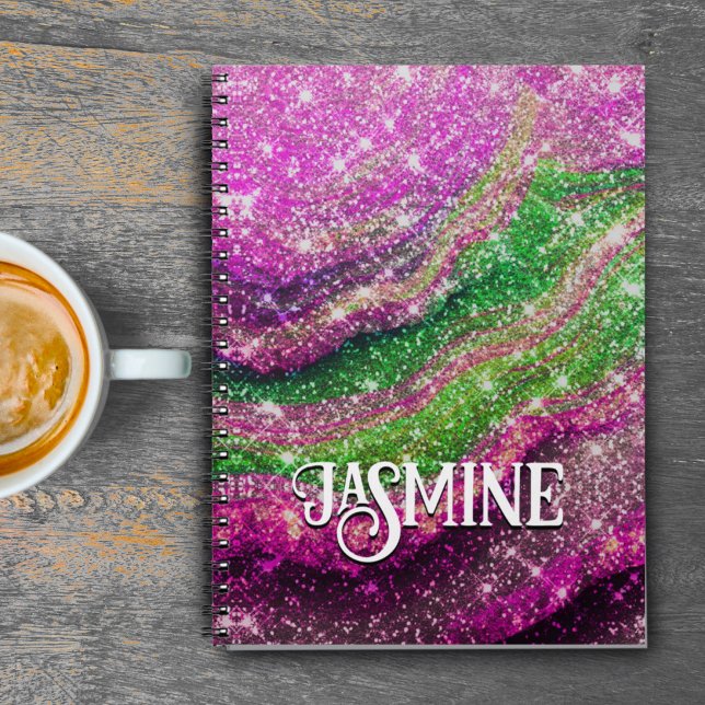 Whimsix vågigt rosa grönt Glitter monogram bärbar  Anteckningsbok (Skapare uppladdad)