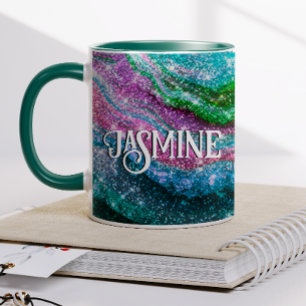 Whimsix vågigt rosa grönt Glitter monogram Mugg