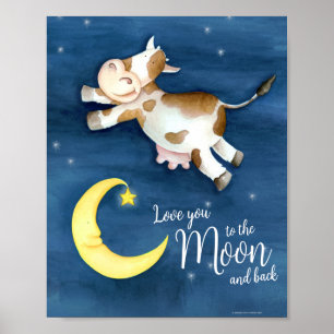 Whimsy akvarell konst ko hoppar över månen poster