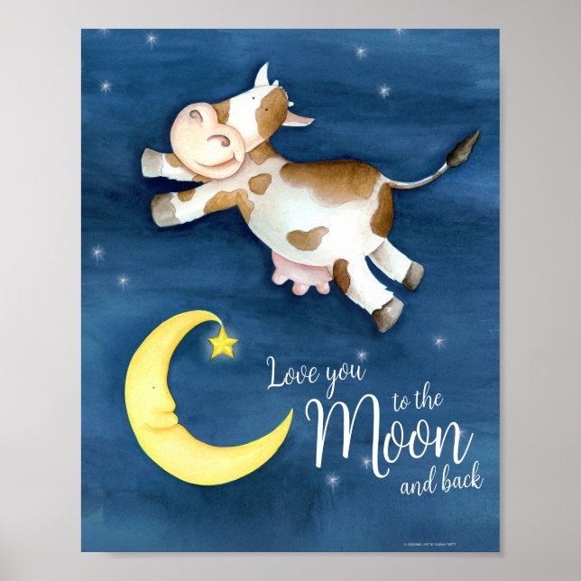 Whimsy akvarell konst ko hoppar över månen poster (Framsidan)