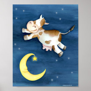 Whimsy akvarell konst ko hoppar över månen poster