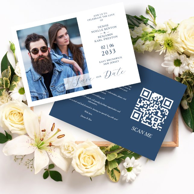 Whimsy Bliss Blue Jeans Inspired Photo QR Spara Datumet (Whimsy Bliss Blue Jeans Inspired Photo QR Save the Date Wedding Card.)