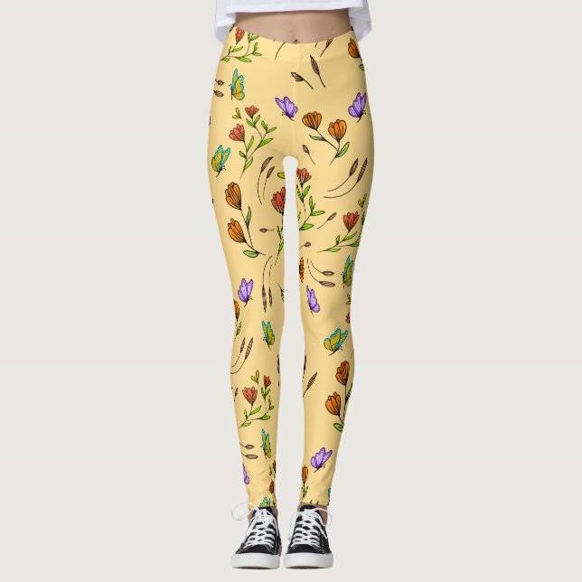 Whimsy Bloom Blommig Fjärilsmönstrad Leggings (Framsida)