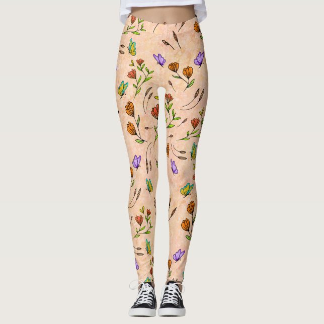 Whimsy Bloom Blommig Fjärilsmönstrad Leggings (Framsida)