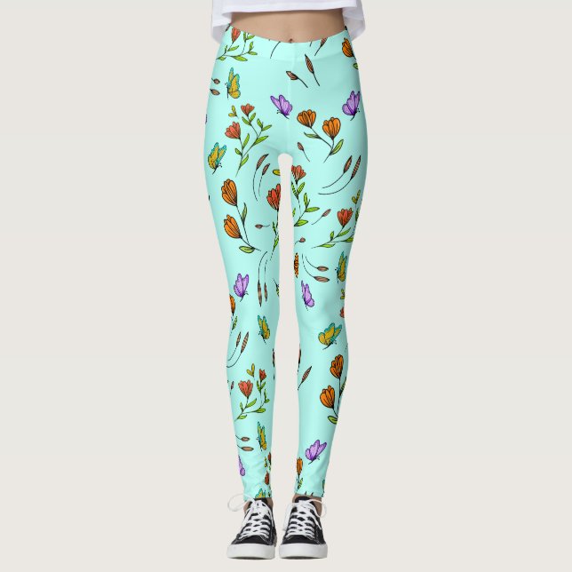 Whimsy Bloom Blommig Fjärilsmönstrad Leggings (Framsida)