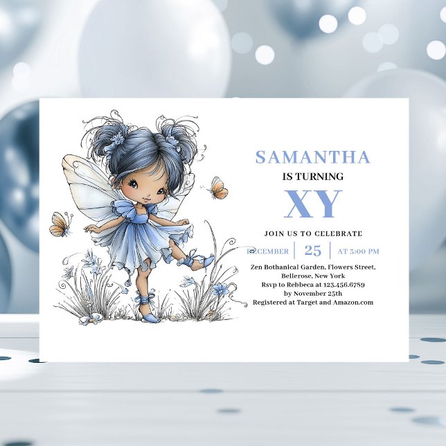 Whimsy Blue Fairy Girl 4-års födelsedags Pastell i Inbjudningar (Whimsy Blue Fairy Girl 4th Birthday Pastel invitation)