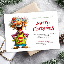 Whimsy Cartoon Woman Merry Christmas Greeting Julkort