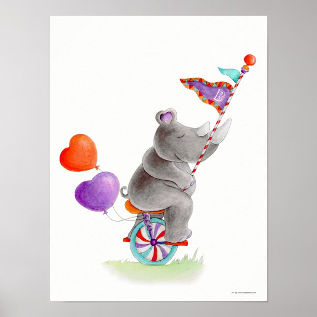 Whimsy cirkus grå noshörning på enhjuling barnkamm poster (Framsidan)