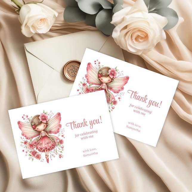 Whimsy Cute Blush Fairy Flowers 7th Birthday Thank Tack Kort (Whimsy Cute Blush Fairy Flowers 7th Birthday Thank You Card)
