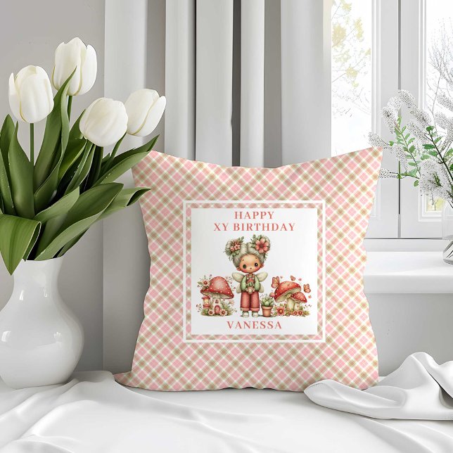 Whimsy Fairy 4-års födelsedag Röda blommor Kudde (Whimsy Fairy 4th Birthday Blush Flowers Pillow)