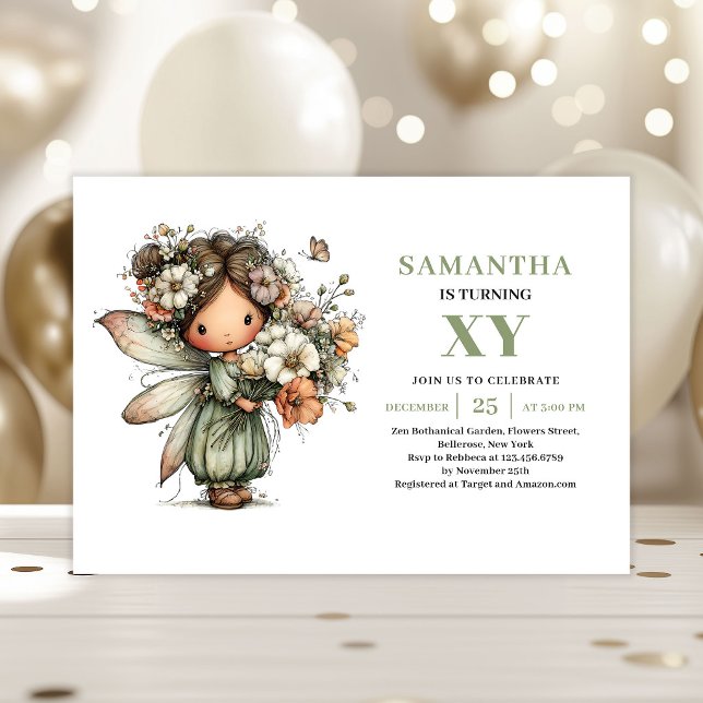 Whimsy Fairy Girl 4-års födelsedags dammig grön in Inbjudningar (Whimsy Fairy Girl 4th Birthday Dusty Green Invitation)