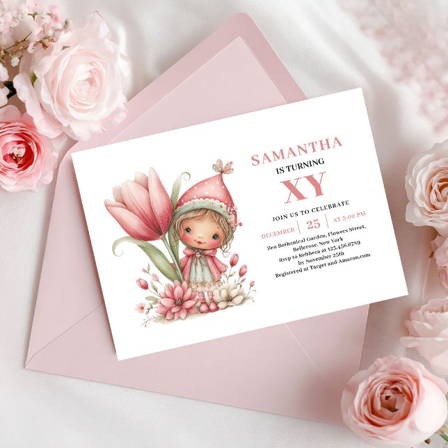 Whimsy Fée Flicka 4-års Födelsedags Blommiga Rosa  Inbjudningar (Whimsy Fairy Girl 4th Birthday Floral Pink Invitation)